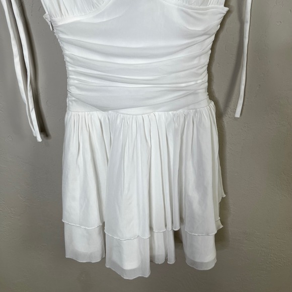 Lulus Luisella White Ruched Deep V Mesh Tiered Tie Shoulder Mini Dress Size XS - Picture 3 of 8
